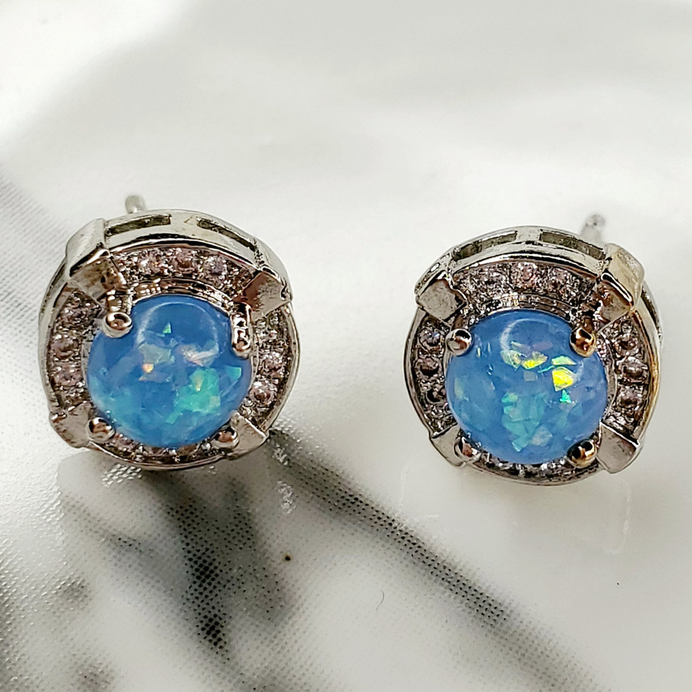 Round Blue Fire Opal Stud Earring with CZ Halo